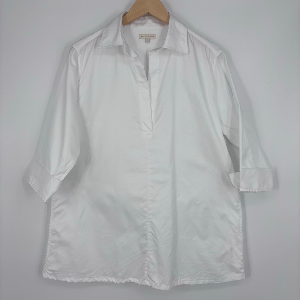 Ann Mashburn Designer Tunic Womens XL White Roxford Popover Shirt 3/4 Sleeve